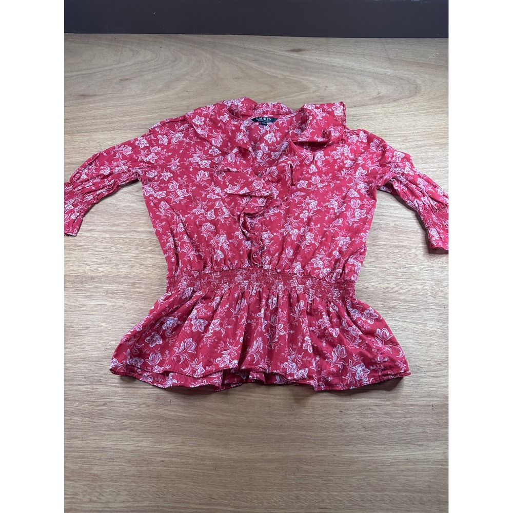 Lauren Ralph Lauren Floral Peplum Blouse Womens Large Red White Ruffle Cotton